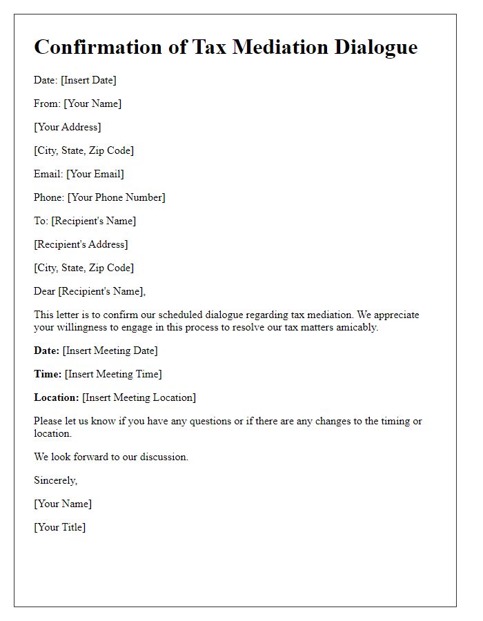 Letter template of confirmation for tax mediation dialogue