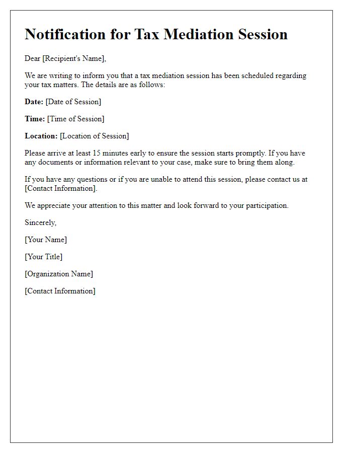 Letter template of notification for tax mediation session