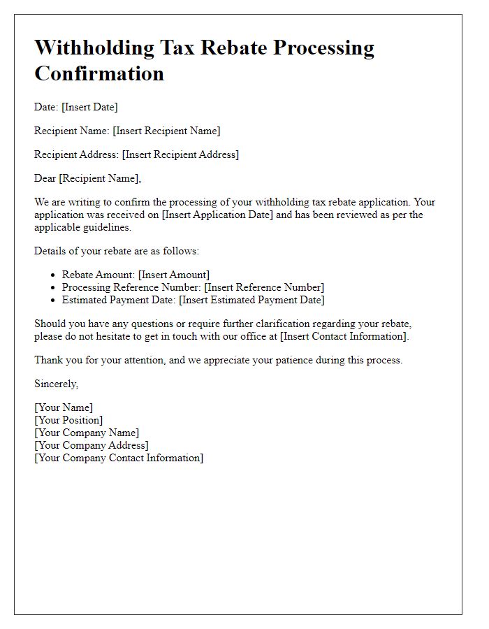 Letter template of withholding tax rebate processing confirmation