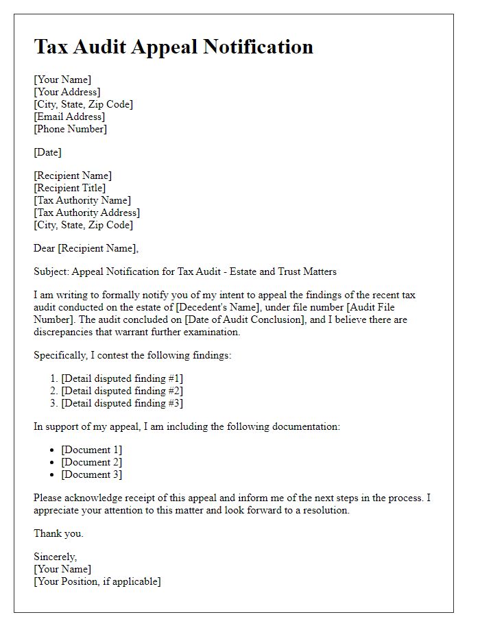 Letter template of tax audit appeal notification for estate and trust matters