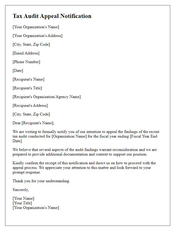 Letter template of tax audit appeal notification for nonprofit organizations