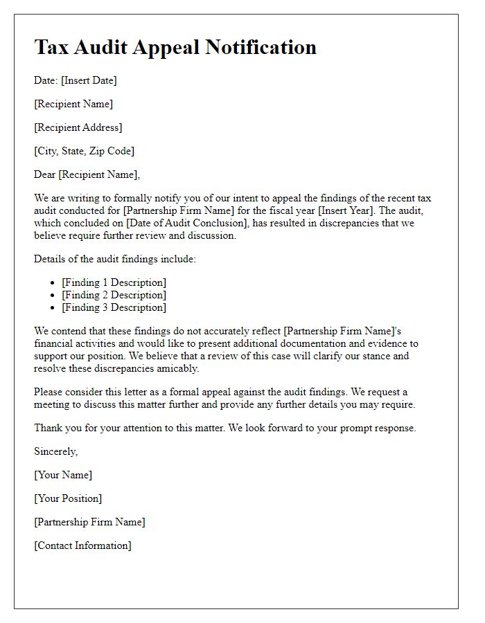 Letter template of tax audit appeal notification for partnership firms