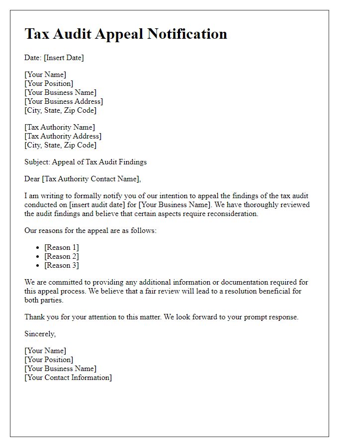 Letter template of tax audit appeal notification for small businesses