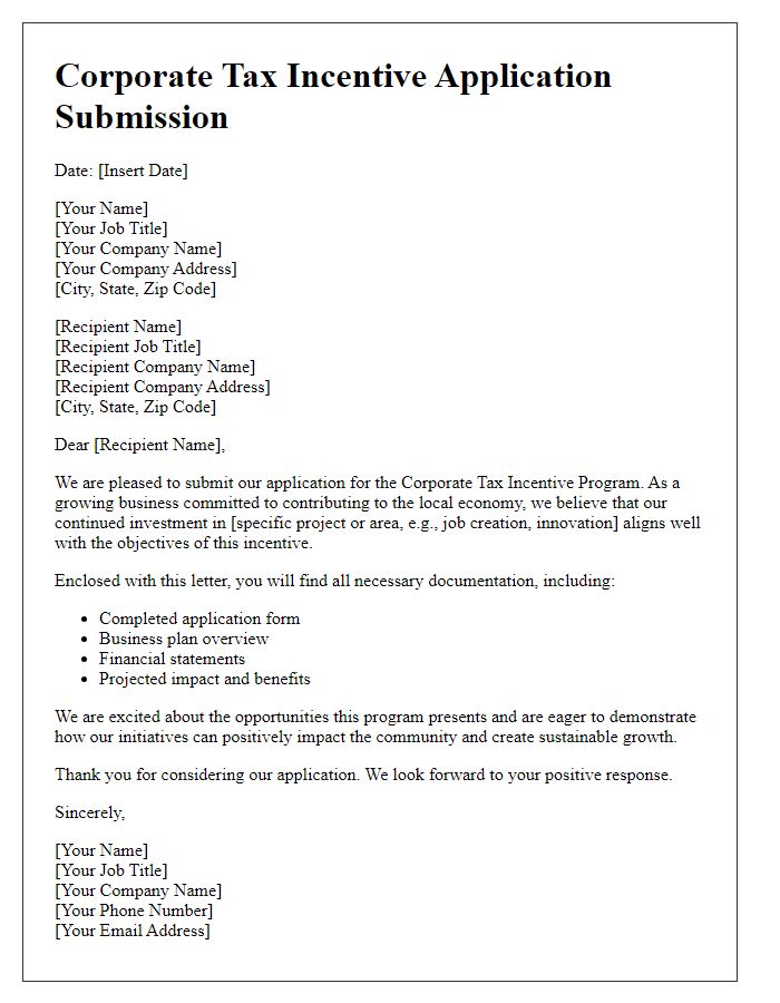 Letter template of corporate tax incentive application submission