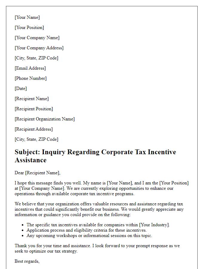 Letter template of corporate tax incentive assistance inquiry