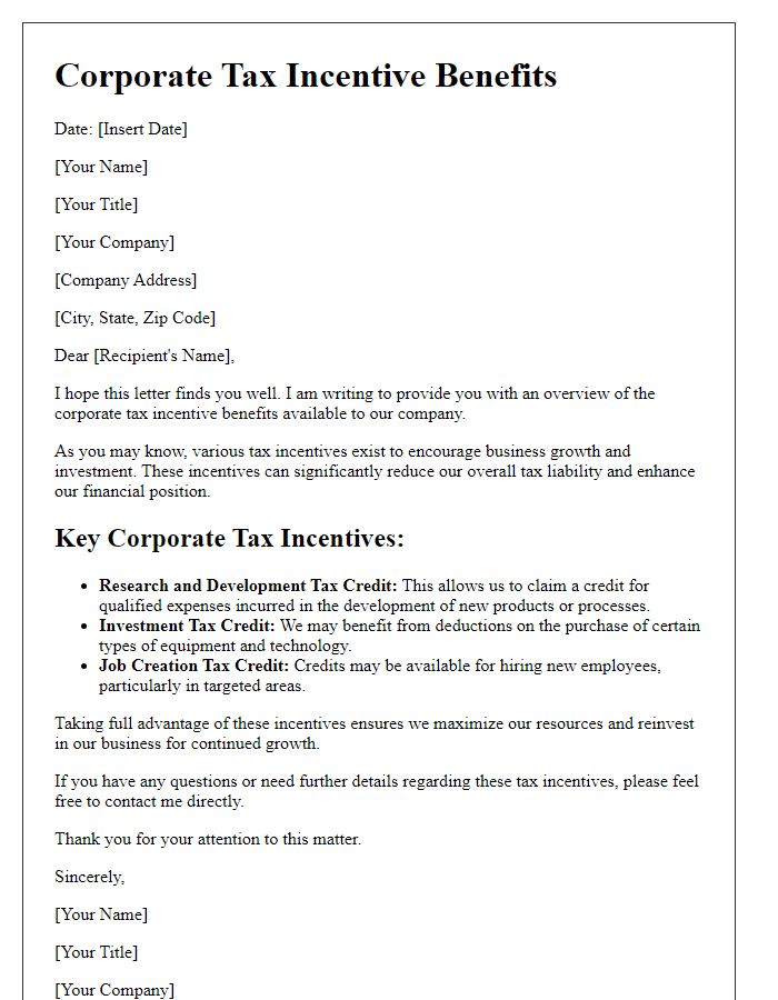 Letter template of corporate tax incentive benefits explanation