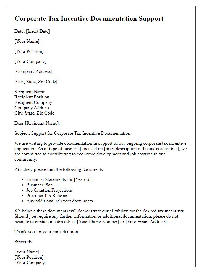 Letter template of corporate tax incentive documentation support