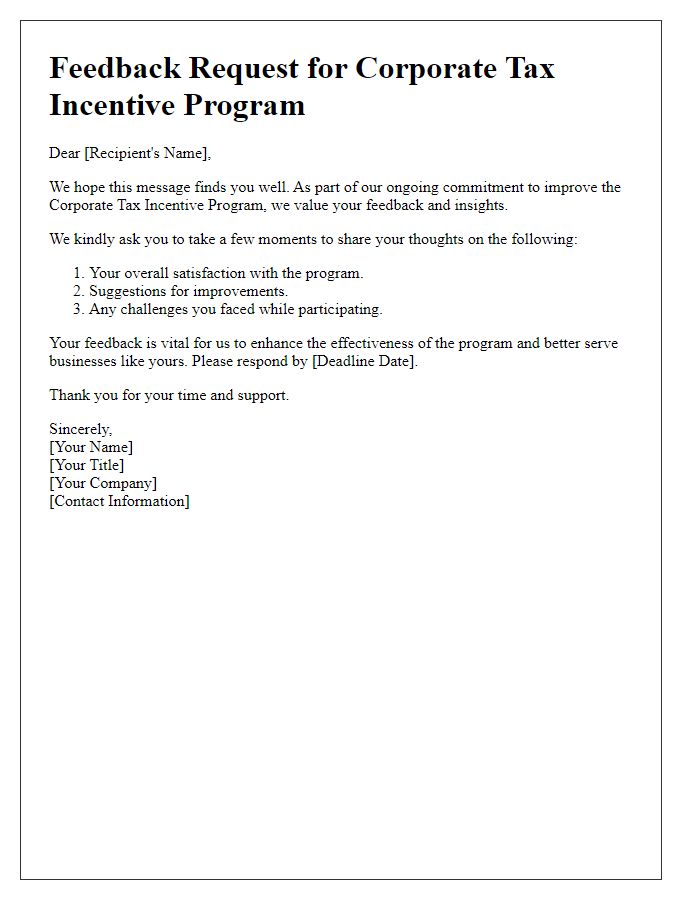 Letter template of corporate tax incentive program feedback request