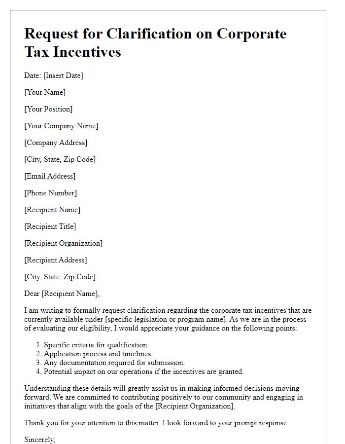 Letter template of corporate tax incentive request for clarification