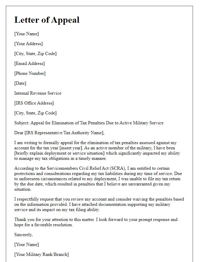 Letter template of appeal for eliminating tax penalties for active military service