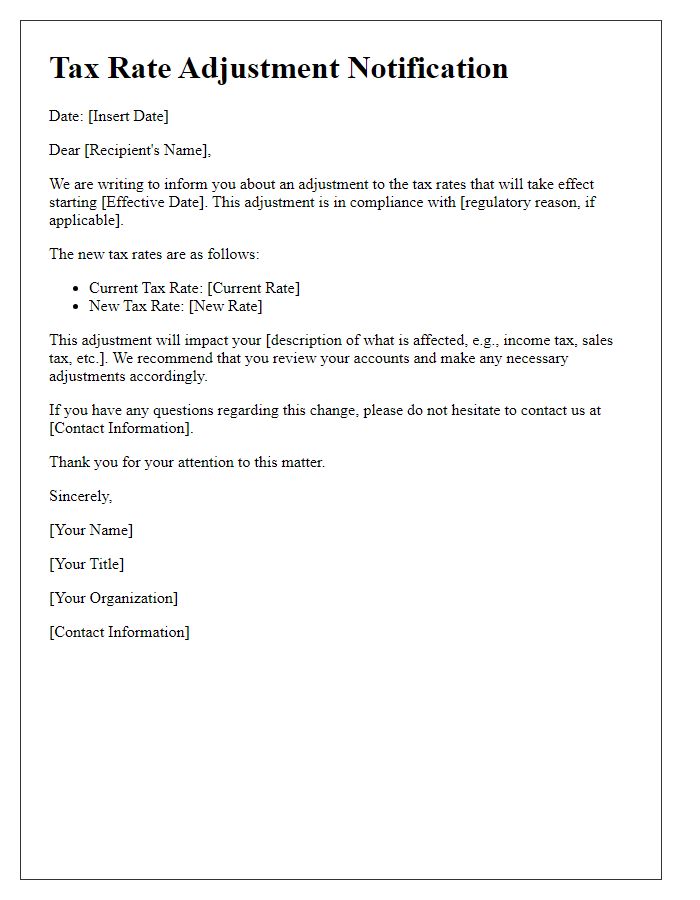 Letter template of tax rate adjustment notification