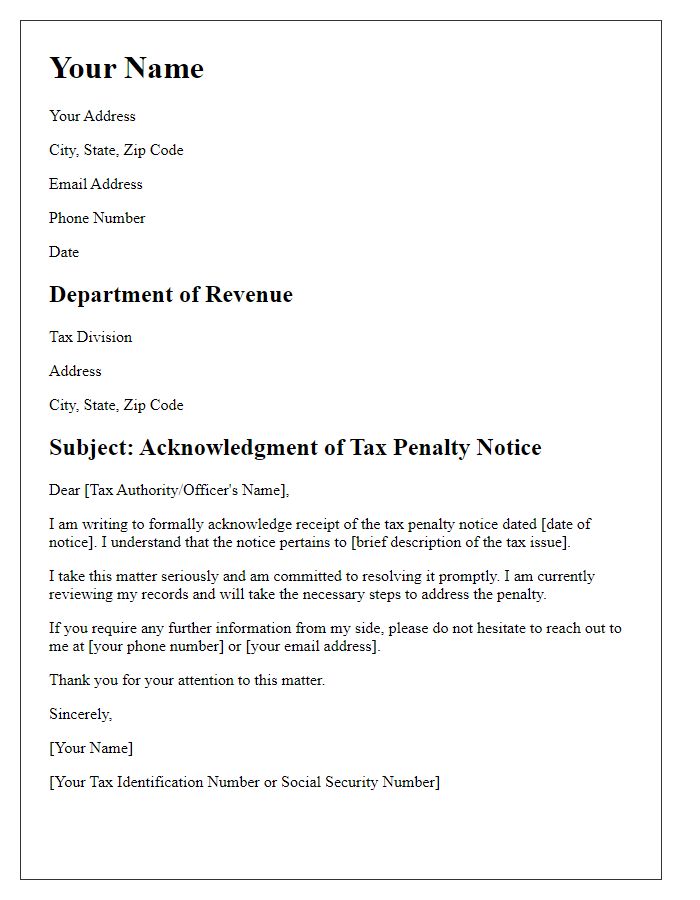 Letter template of acknowledgment for tax penalty notice