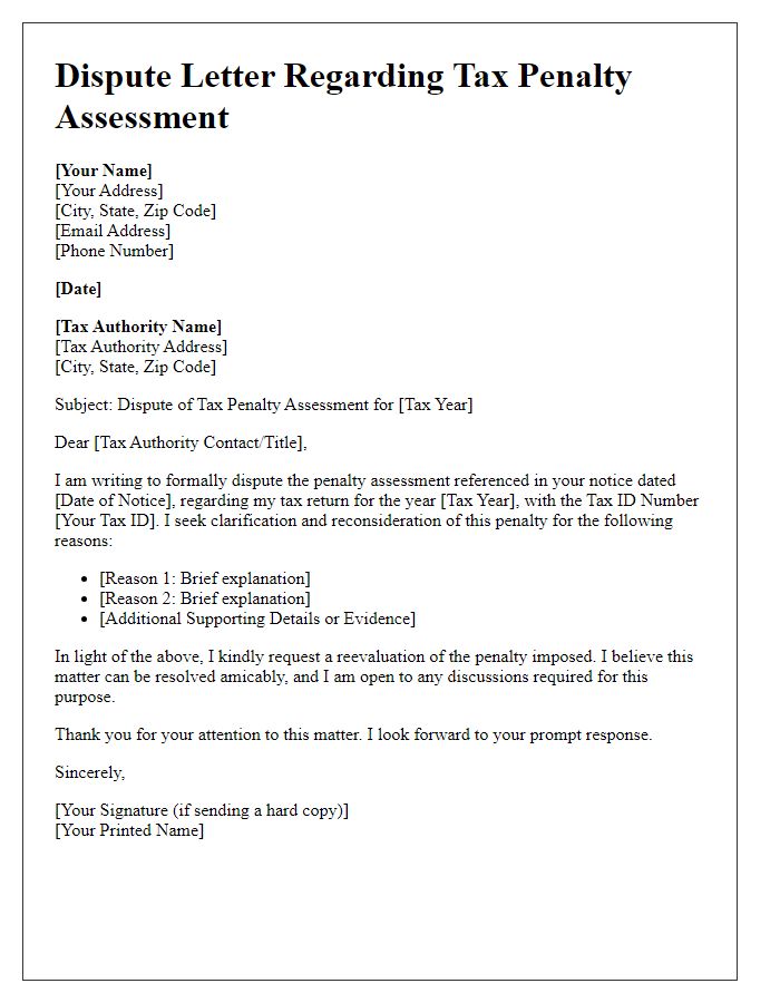 Letter template of dispute regarding tax penalty assessment