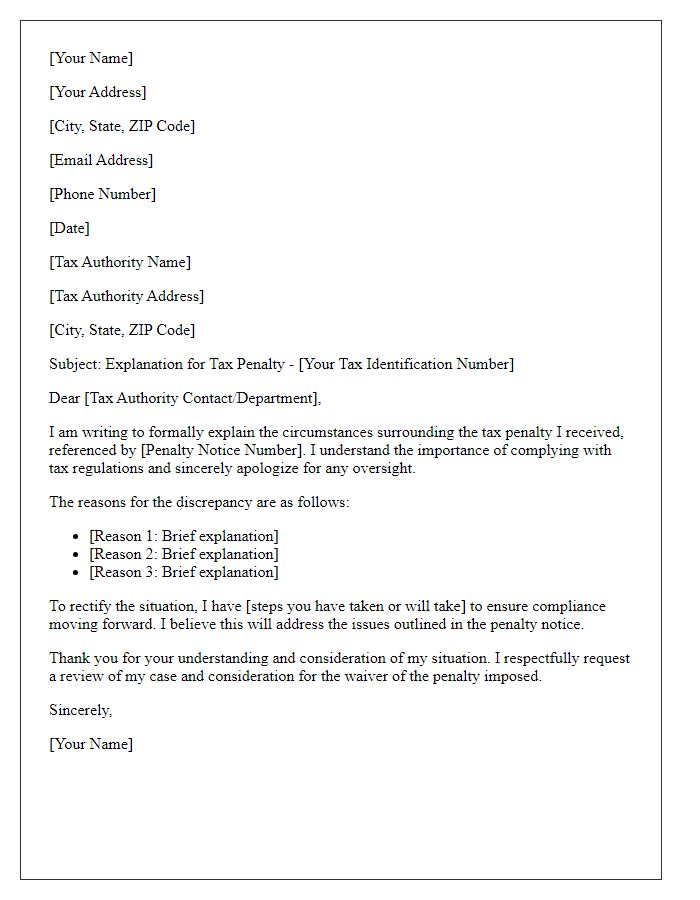 Letter template of explanation for received tax penalty