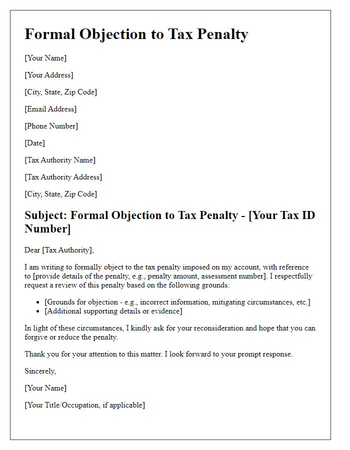 Letter template of formal objection to tax penalty