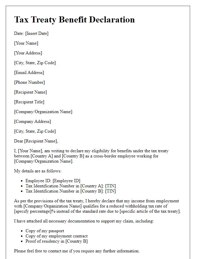 Letter template of tax treaty benefit declaration for cross-border employees.