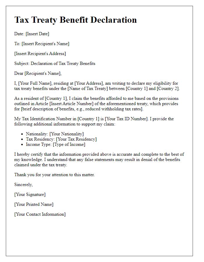 Letter template of tax treaty benefit declaration for individuals.