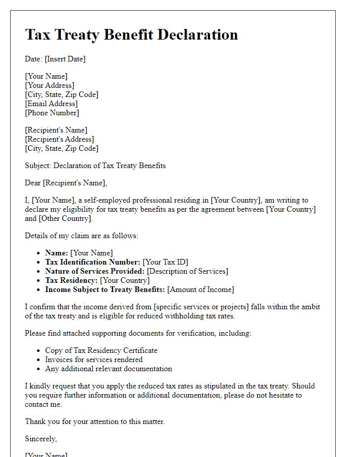 Letter template of tax treaty benefit declaration for self-employed professionals.