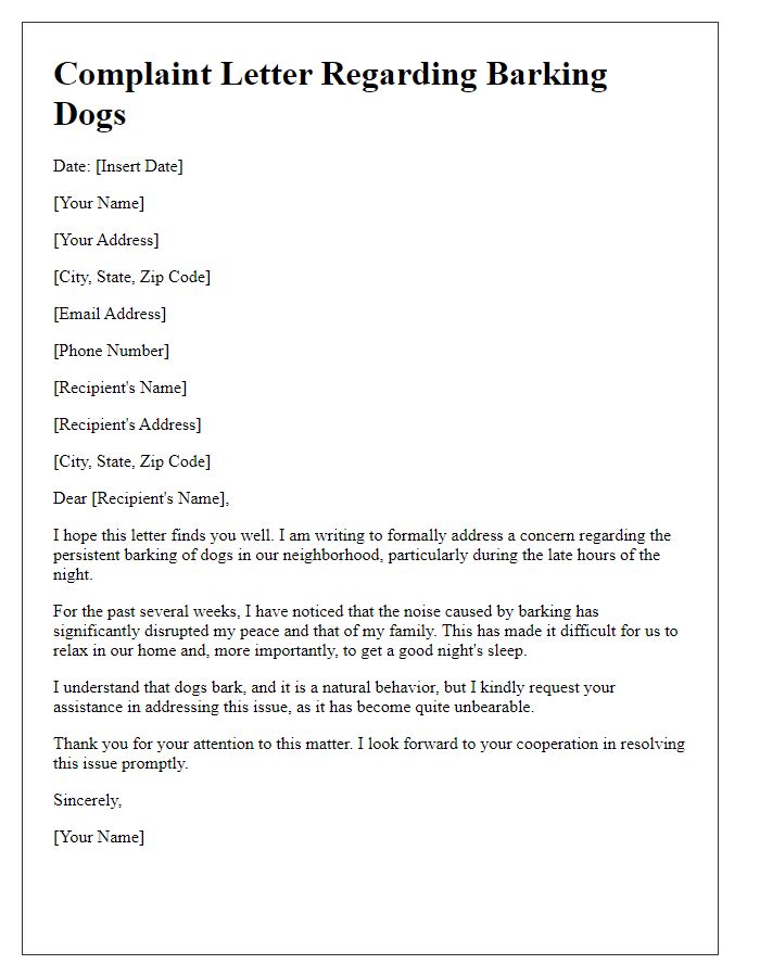 Letter template of complaint about barking dogs