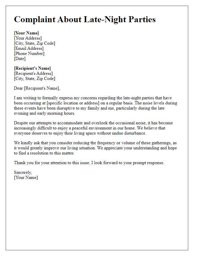 Letter template of complaint about late-night parties