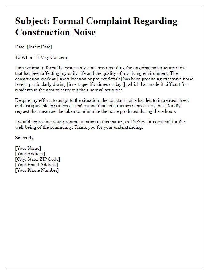 Letter template of complaint regarding construction noise