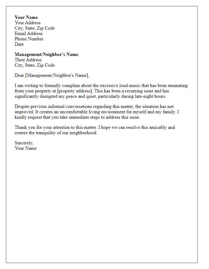 Letter template of complaint regarding loud music