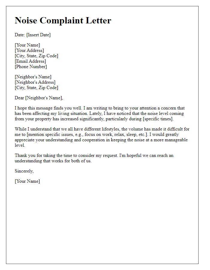 Letter template of noise complaint to neighbor