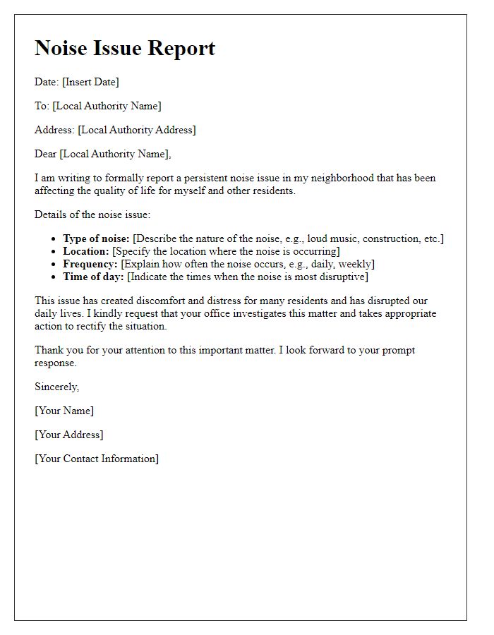 Letter template of noise issue report to local authorities