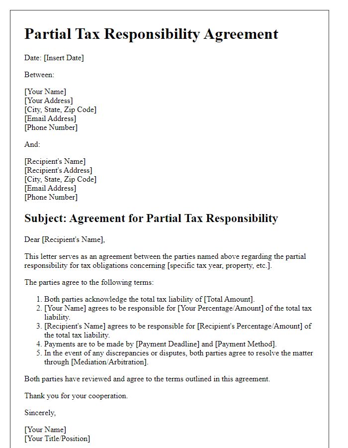 Letter template of agreement for partial tax responsibility