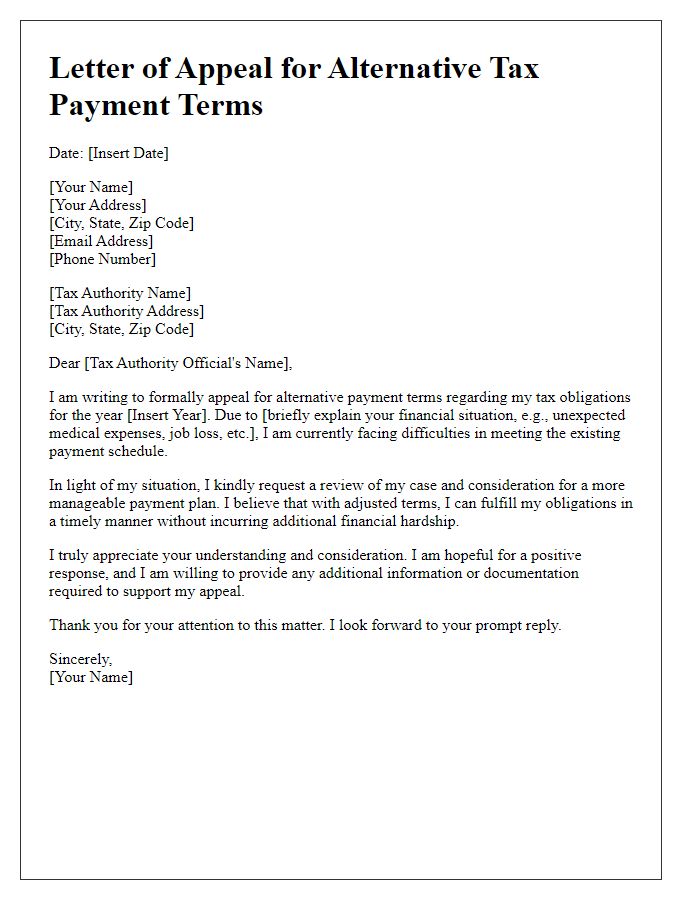 Letter template of appeal for alternative tax payment terms