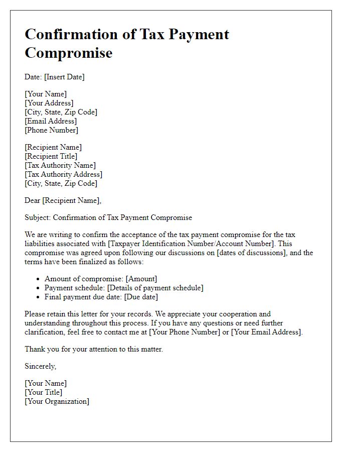 Letter template of confirmation for tax payment compromise