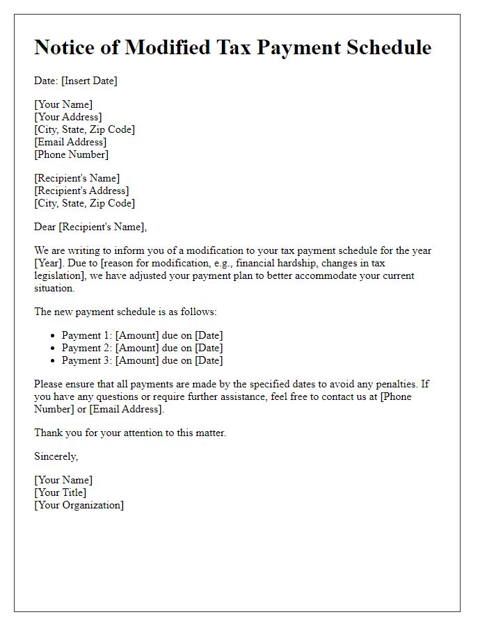 Letter template of notice for modified tax payment schedule