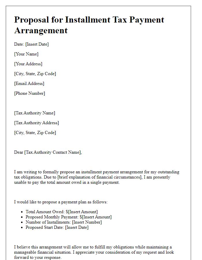 Letter template of proposal for installment tax payment arrangement