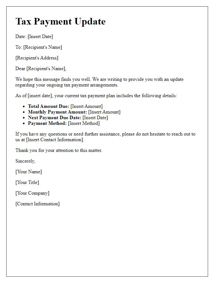 Letter template of update for ongoing tax payment arrangements