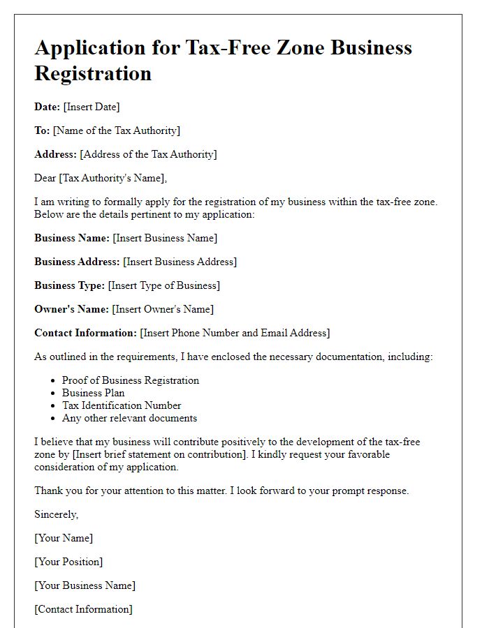 Letter template of application for tax-free zone business registration