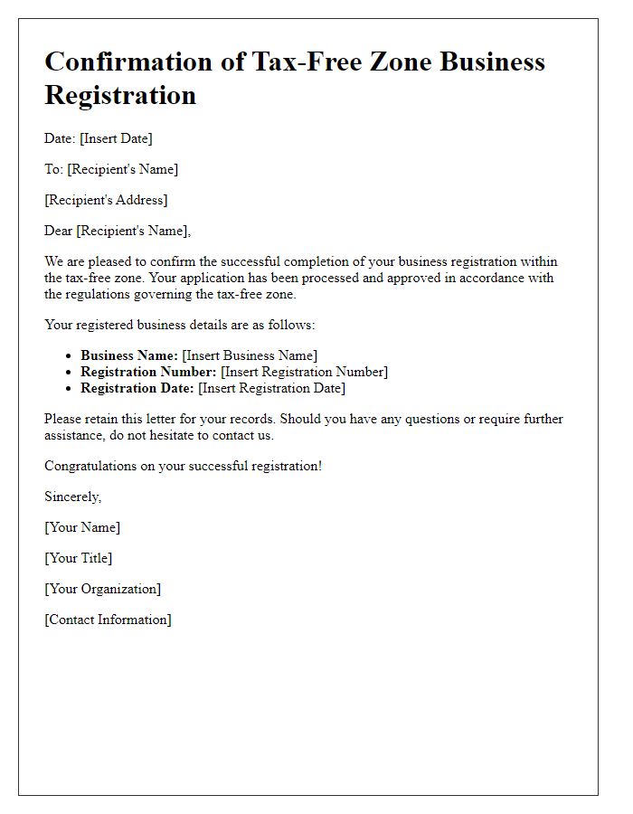 Letter template of confirmation for tax-free zone business registration completion