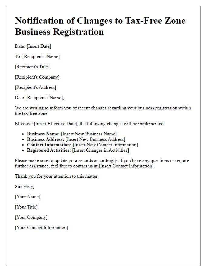 Letter template of notification for tax-free zone business registration changes