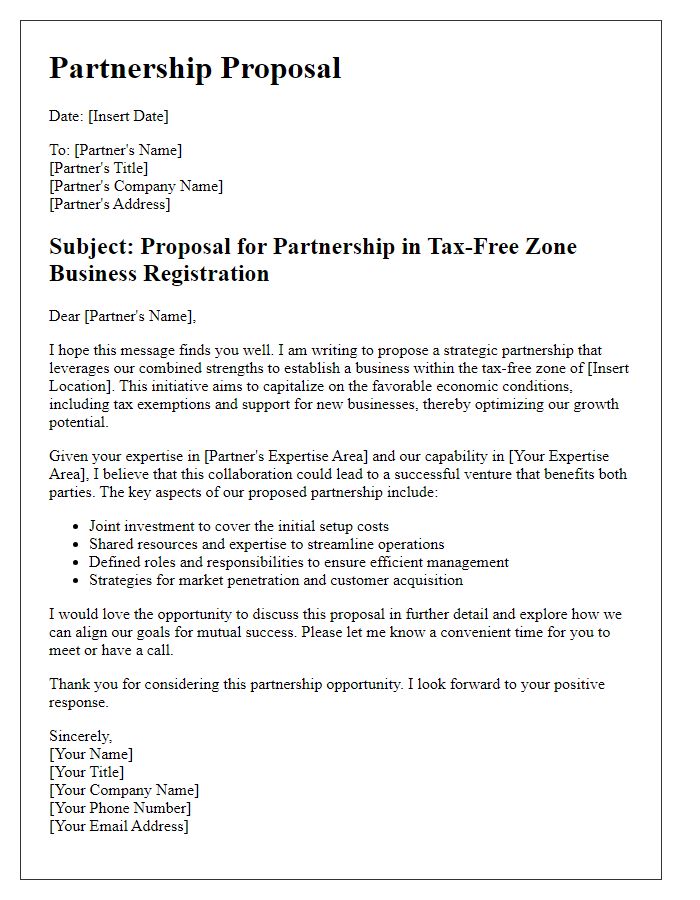 Letter template of partnership proposal for tax-free zone business registration