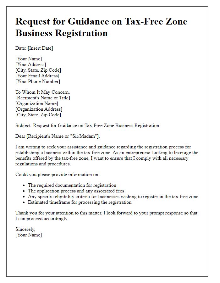 Letter template of request for tax-free zone business registration guidance