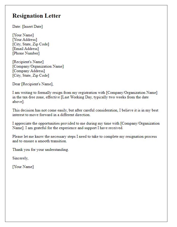 Letter template of resignation from tax-free zone business registration