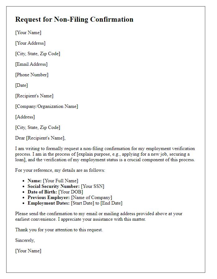 Letter template of request for non-filing confirmation for employment verification