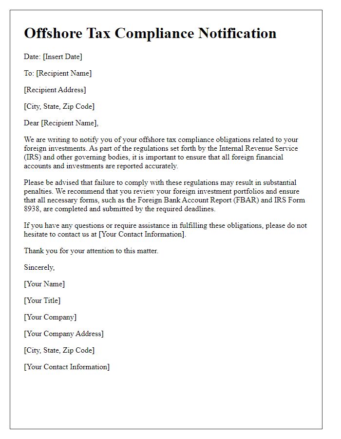 Letter template of offshore tax compliance notification for foreign investments