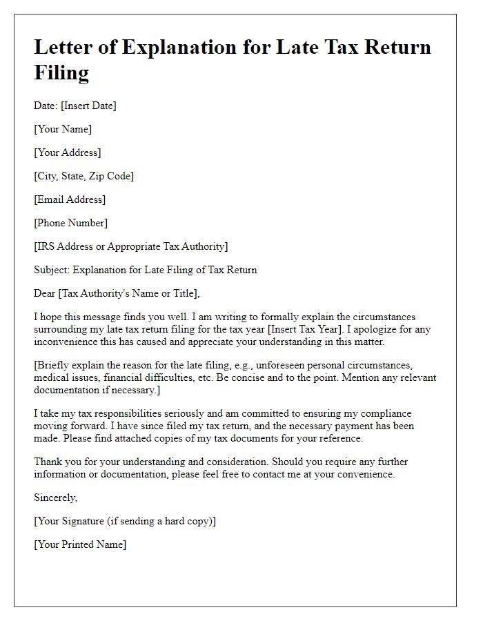 Letter template of explanation for late tax return filing