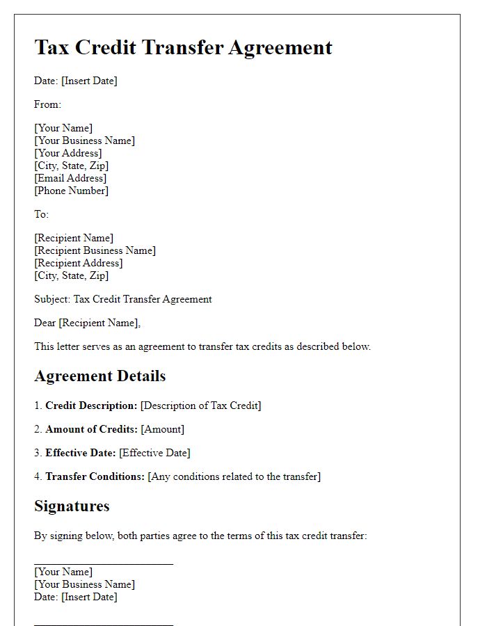 Letter template of tax credit transfer agreement for sole proprietors