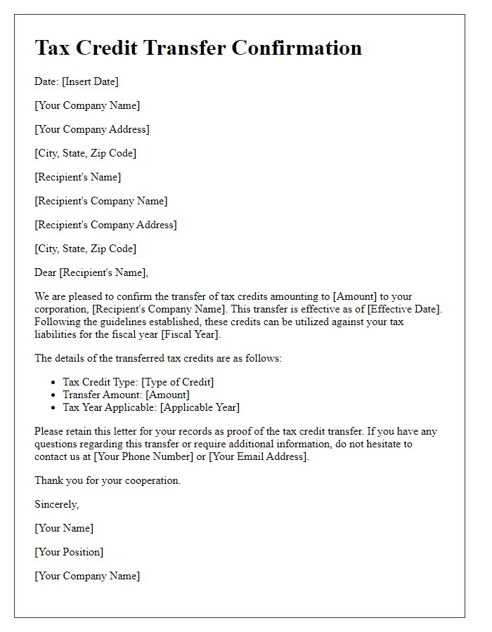 Letter template of tax credit transfer confirmation for corporations