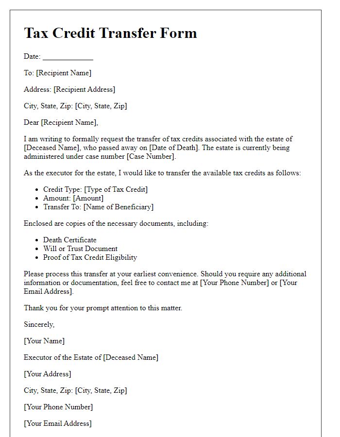 Letter template of tax credit transfer form for estates