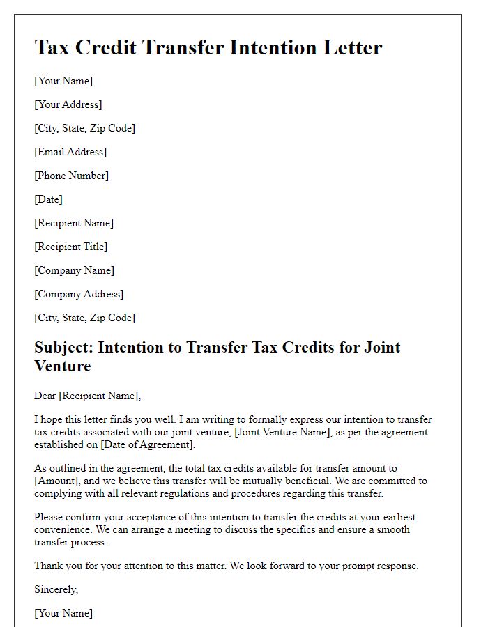 Letter template of tax credit transfer intention for joint ventures