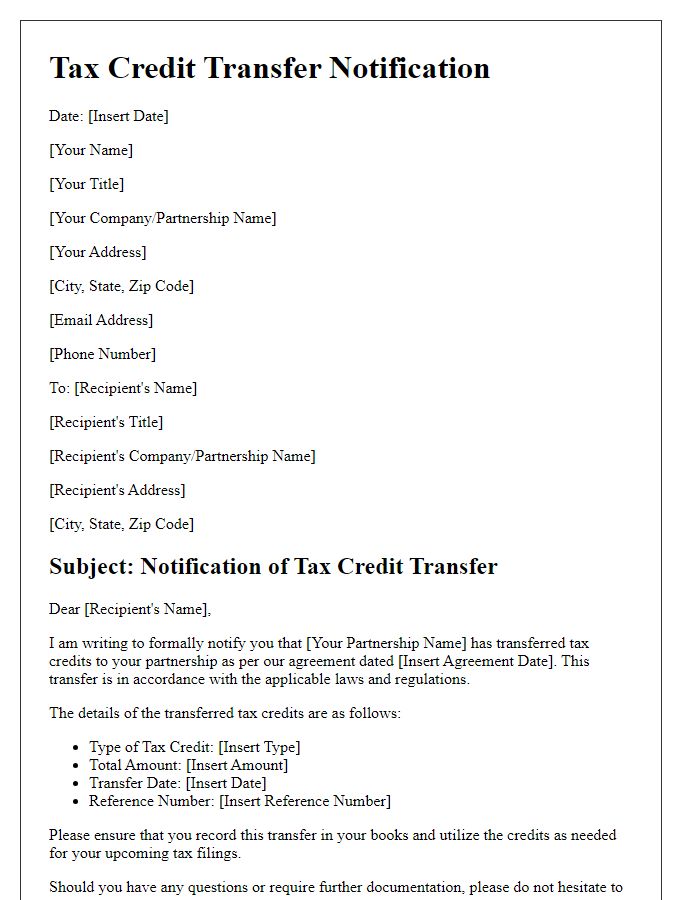 Letter template of tax credit transfer notification for partnerships