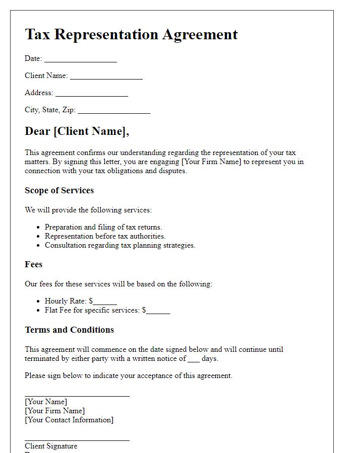 Letter template of Agreement for Tax Representation