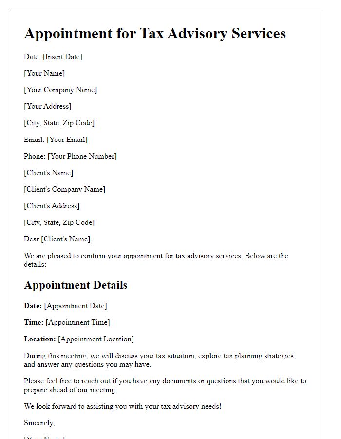 Letter template of Appointment for Tax Advisory Services